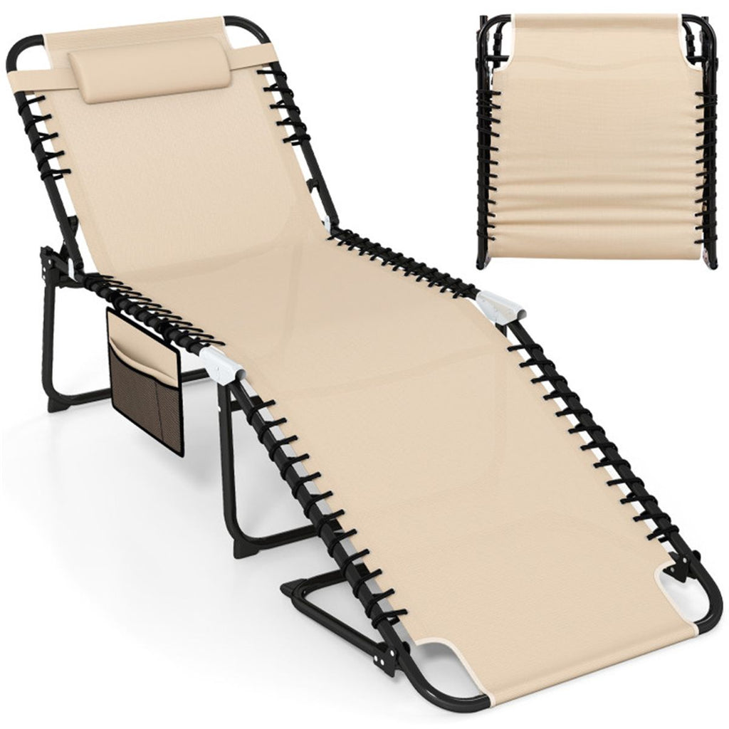 Oversized Patio Chaise Lounge, 27" Wide 4-Position Adjustable Backrest Folding Tanning Chair-Beige