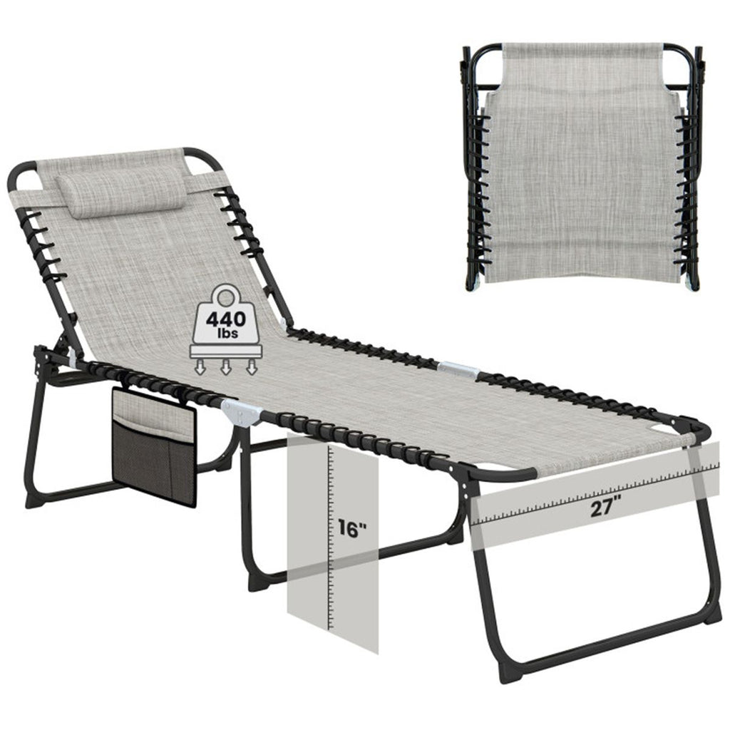 Oversized Patio Chaise Lounge, 27" Wide 4-Position Adjustable Backrest Folding Tanning Chair-Gray