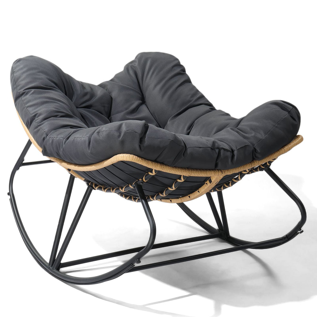Oversized Rattan Papasan Chair, Outdoor Steel Wicker Rocking Seating with Thick Padded Cushion for Patio, Living Room, Backyard, Porch(Yellow Wicker & Gray Cushion)