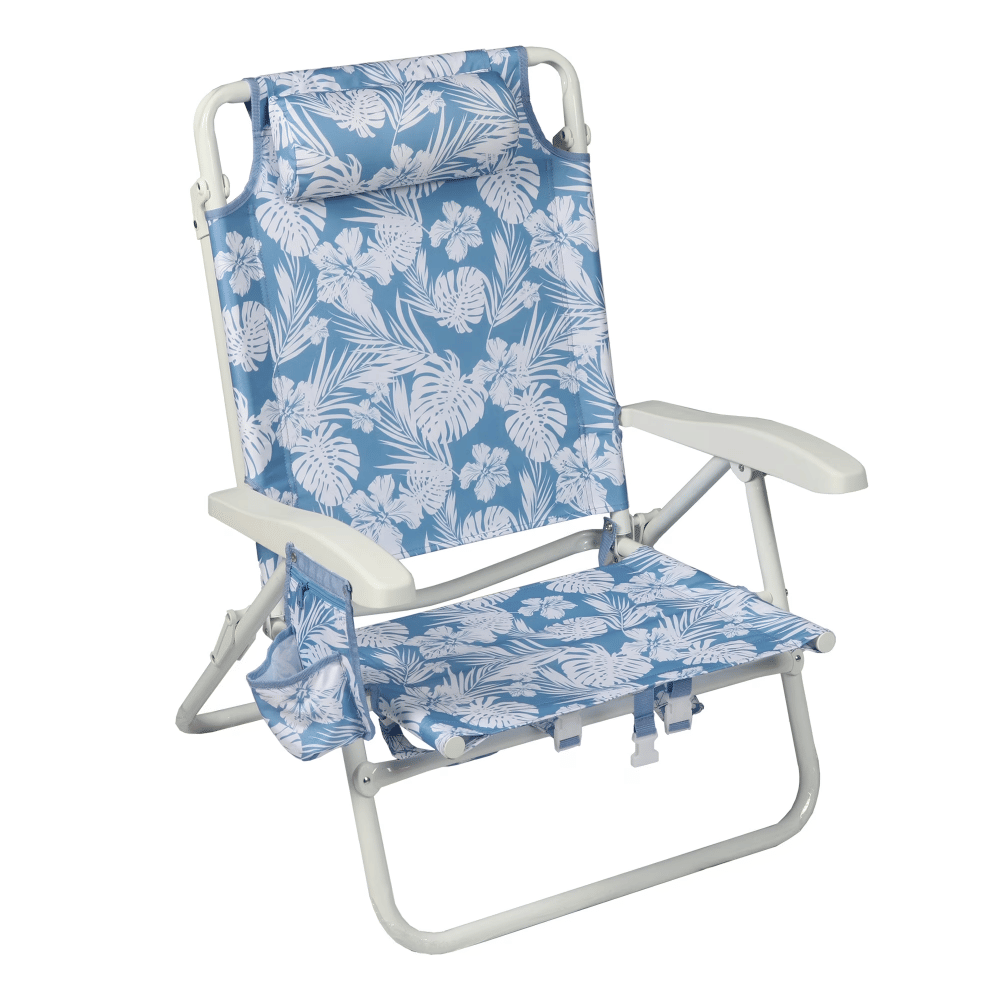 Oversized Reclining Beach Chair with Backpack Straps, Blue Palm Print