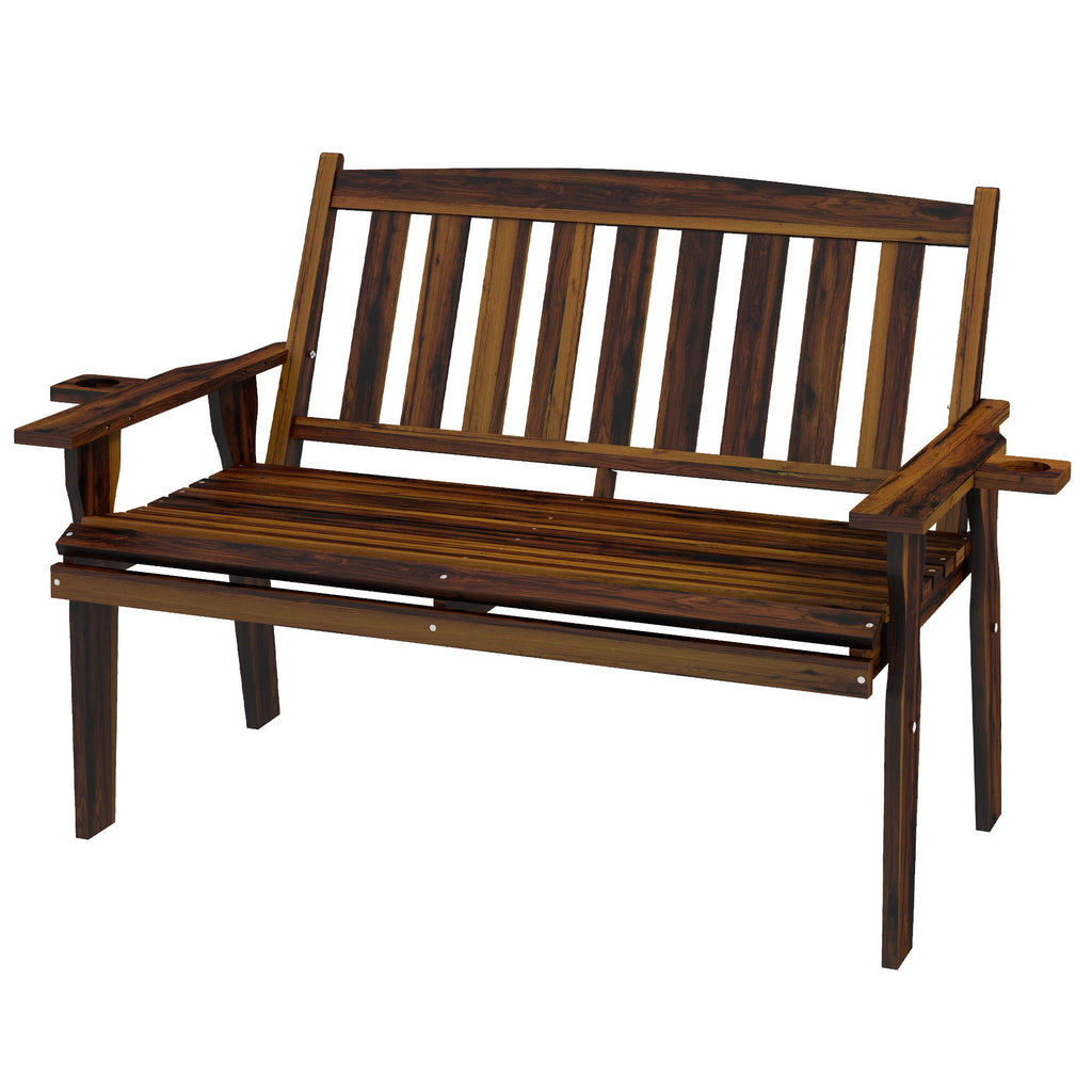 Patio Bench Wooden with Slatted Design Armrests & Back Carbonized Finish for Outdoor Lawn Park Deck Durability