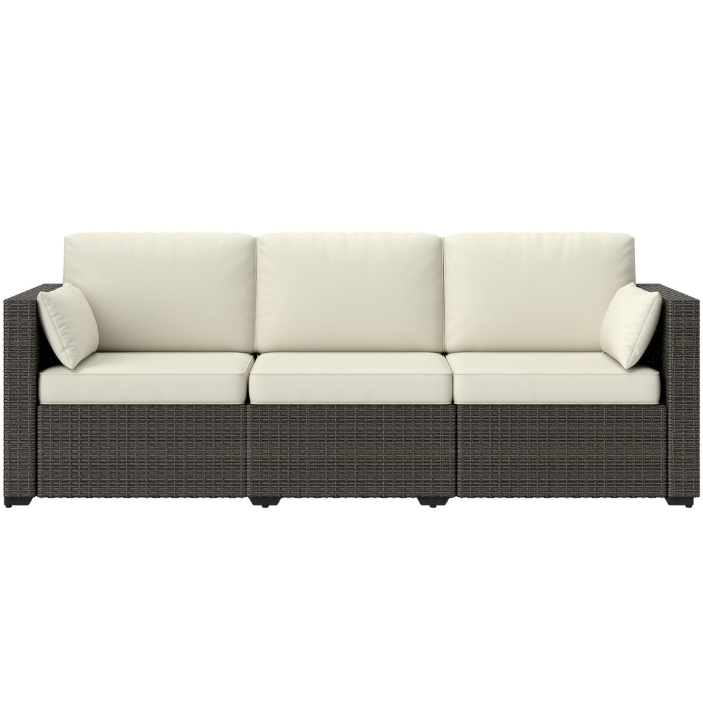 Patio Couch PE Wicker Deep Seating Outdoor Sofa with Removable Cushions, 3 Seater Rattan Sofa, Outdoor Furniture for Balcony, Deck, Garden and Poolside, Cream White