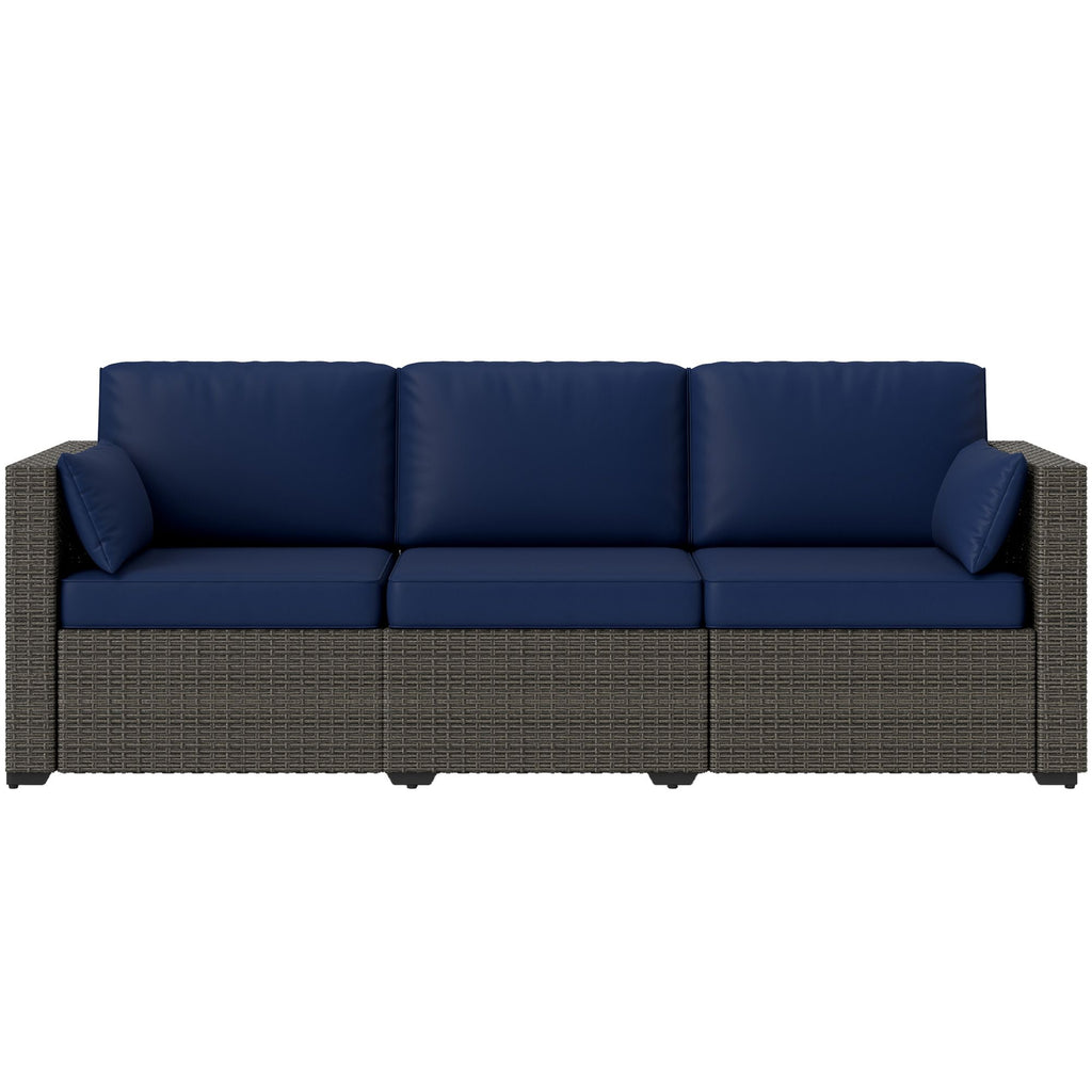 Patio Couch PE Wicker Deep Seating Outdoor Sofa with Removable Cushions, 3 Seater Rattan Sofa, Outdoor Furniture for Balcony, Deck, Garden and Poolside, Navy Blue