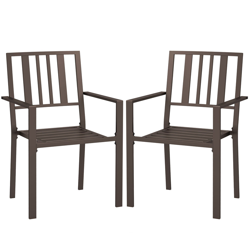 Patio Dining Chairs: Metal, Dark Brown, Slatted Design, Outdoor Elegance|