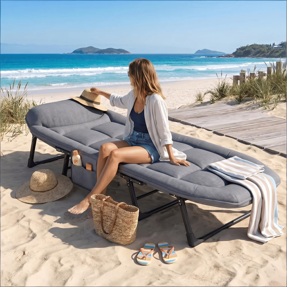 Patio Folding Chaise Lounge Bed, Ergonomic Single Reclining Cot, Portable Heavy Duty Outdoor/Indoor Folding Bed for Garden, Patio, Camping & Office