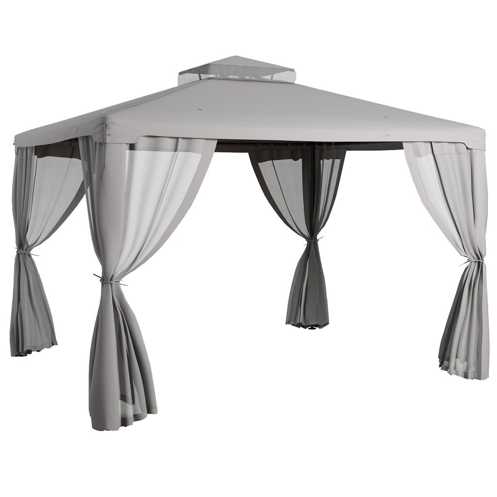 Patio Gazebo 10x12, Gray, 2-Tier Roof, Netting, Steel Frame, Outdoor Shelter