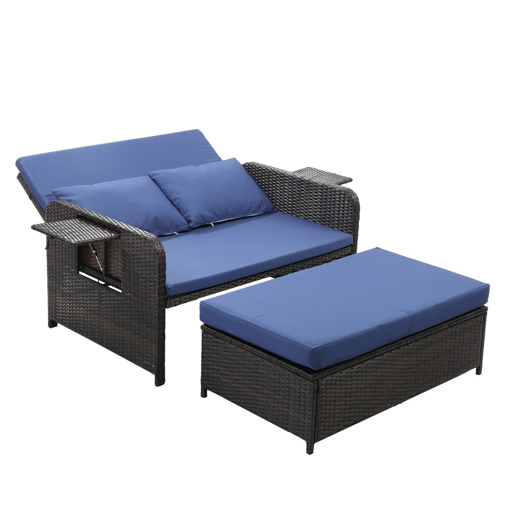 Patio Rattan Daybed Set, 2-in-1 Wicker Loveseat Sofa with Multipurpose Ottoman & Retractable Side Tray, 5-Level Adjustable Backrest, Footstool with Storage, Seat & Back Cushion Included, Brown