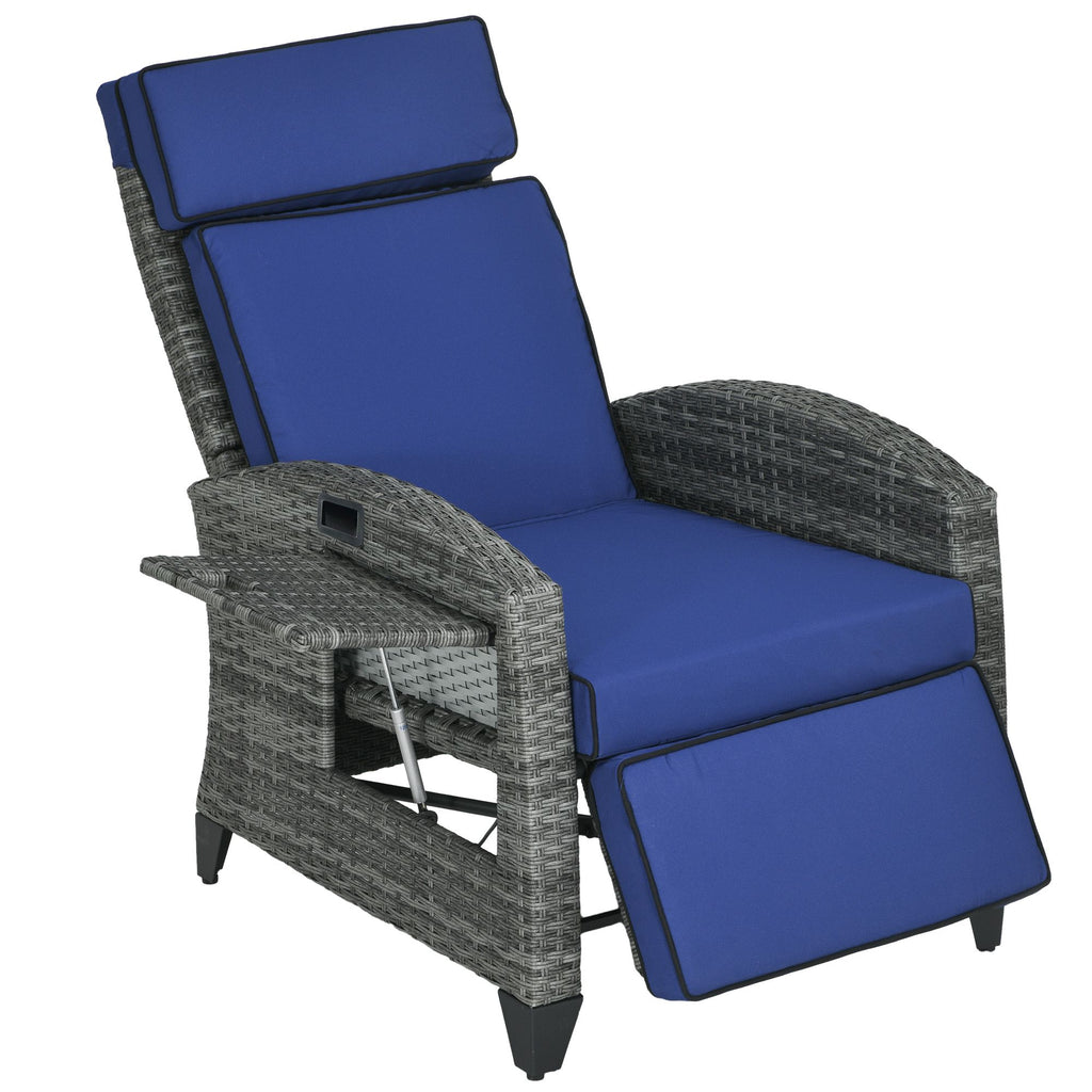 Patio Recliner Chair, Adjustable Backrest, Cushion, Side Tray, Dark Blue, Outdoor Comfort