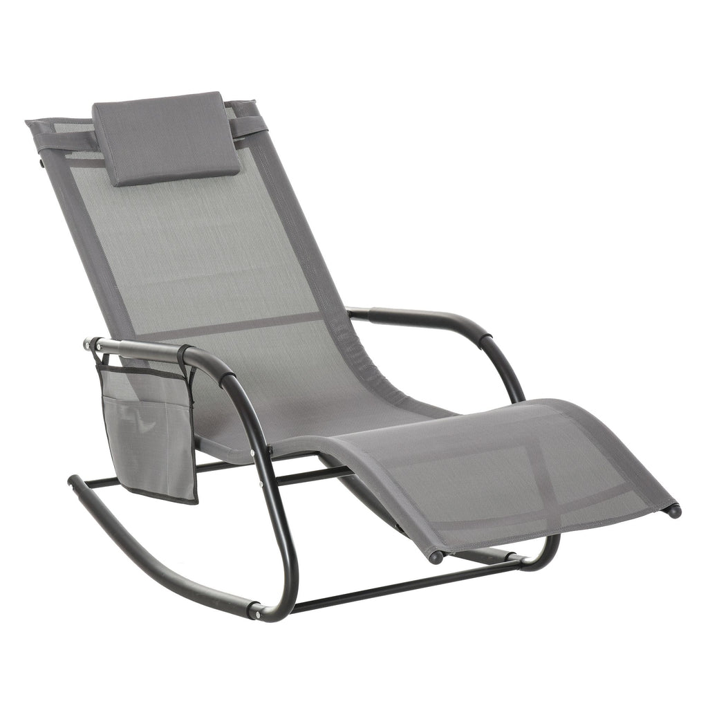 Patio Rocking Chair Outdoor Sling Sun Lounger with Pocket Grey Recliner Rocker Lounge Chair Detachable Pillow