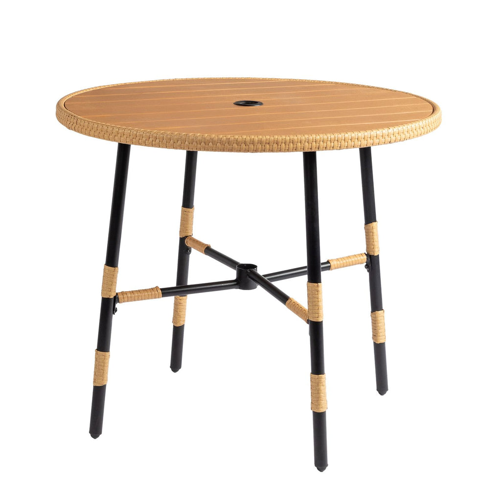 Patio Round Dining Table with Umbrella Hole, Outdoor Rattan Dining Table for Patio, Backyard, Balcony, Garden