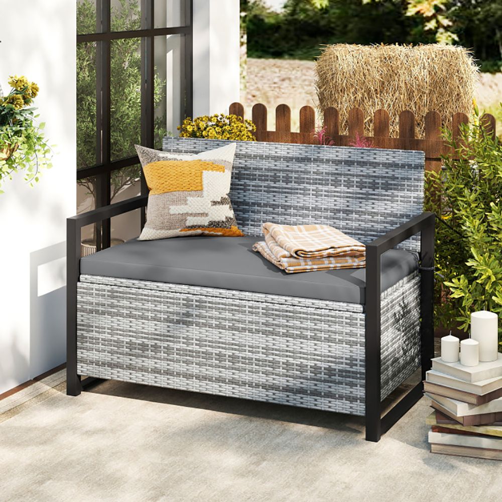 Patio Storage Bench Outdoor Wicker Loveseat with Built-in Storage