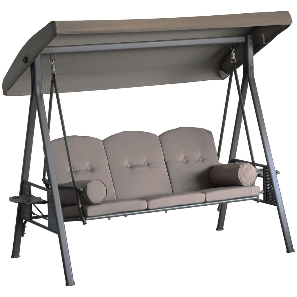 Patio Swing Bench 3-Person Steel Canopy Cushioned with Side Trays Comfortable Brown