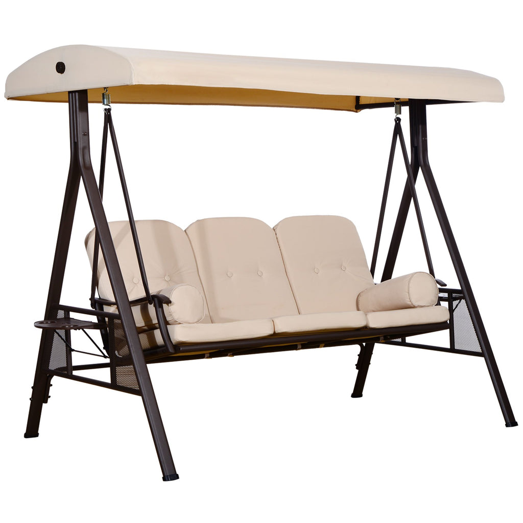 Patio Swing Sanctuary: 3-Seat, Canopy Shade, Removable Cushions, Side Trays in Beige Elegance