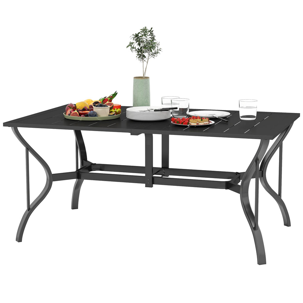Patio Table: Rectangular, Black, Umbrella Hole, Steel, Outdoor Dining for 6, Garden|