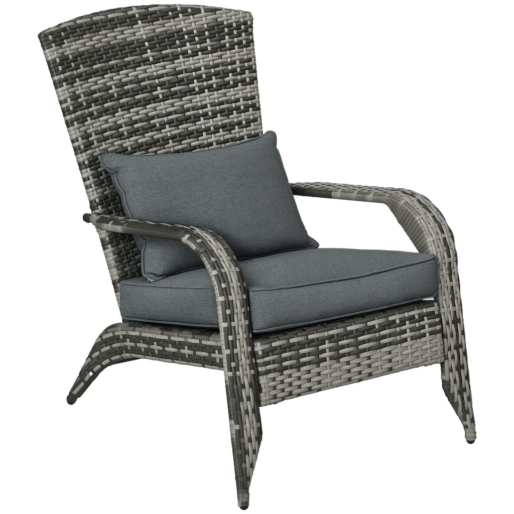 Patio Wicker Adirondack Chair, Outdoor All-Weather Rattan Fire Pit Chair w/ Soft Cushions, Tall Curved Backrest and Comfortable Armrests for Deck or Garden, Mixed Gray/Gray