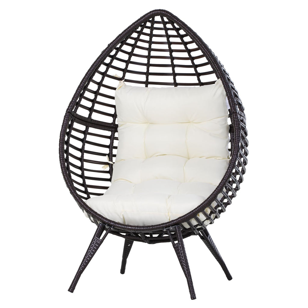 Patio Wicker Egg Chair w/ Soft Cushion, Teardrop Cuddle Seat, Outdoor / Indoor Patio Chair, PE Plastic Rattan Furniture with Adjustable Height Feet Pads, Beige