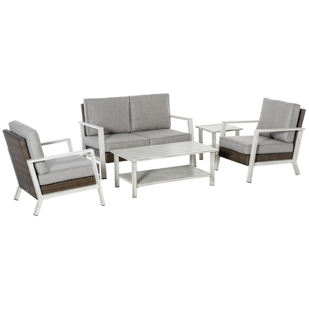 Patio Wicker Haven: 5-Piece PE Rattan Loveseat Set with Coffee & Side Tables, Beige | Tranquil Outdoor Retreat.