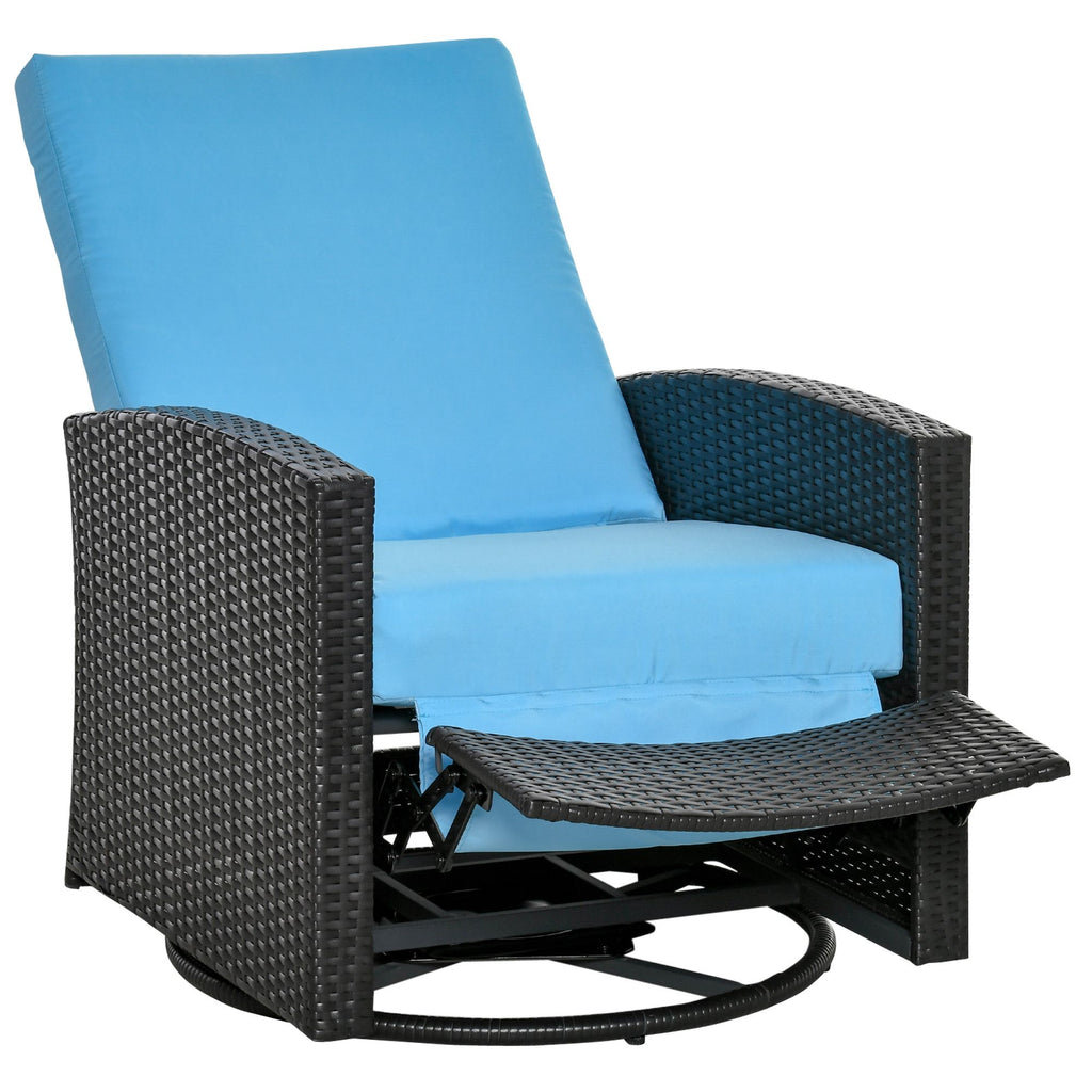 Patio Wicker Recliner Chair with Footrest, Outdoor PE Rattan 360° Swivel Chair with Soft Cushion, Lounge Chair for Patio, Light Blue