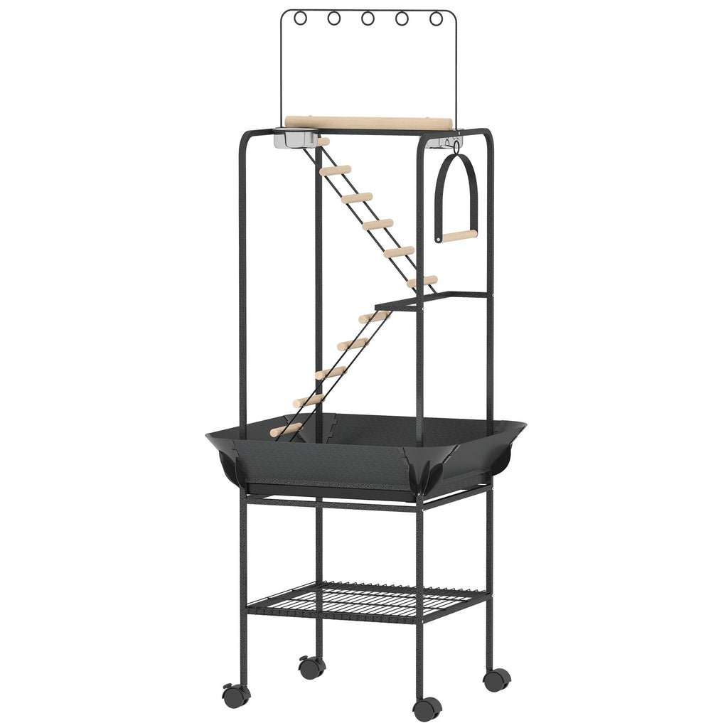PawHut 64"H Rolling Bird Playground Parrot Stand with Seed Guard & Wheels, Ladders, Swing, Toy Hook & Bowls