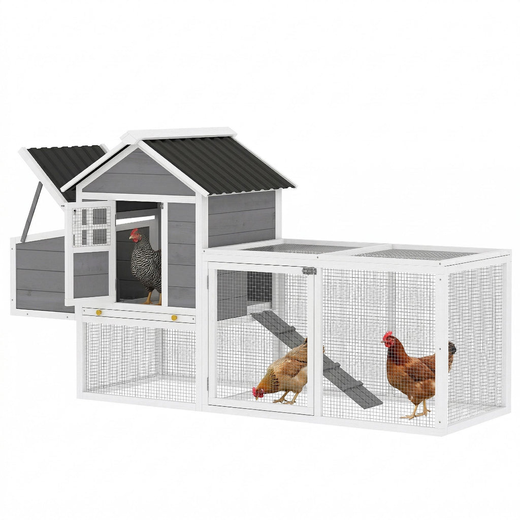 PawHut 82" Wooden Chicken Coop, Large Outdoor Hen House for 2-3 Hens, Chicken House with Nesting Box, Pull-on Tray