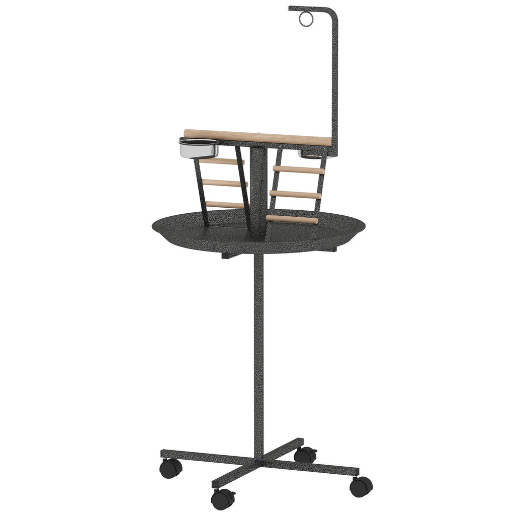 PawHut Bird Stand with Wheels Parrot Play Stand with Round Tray Stainless Steel Feed Bowls Indoor Outdoor Dark Gray