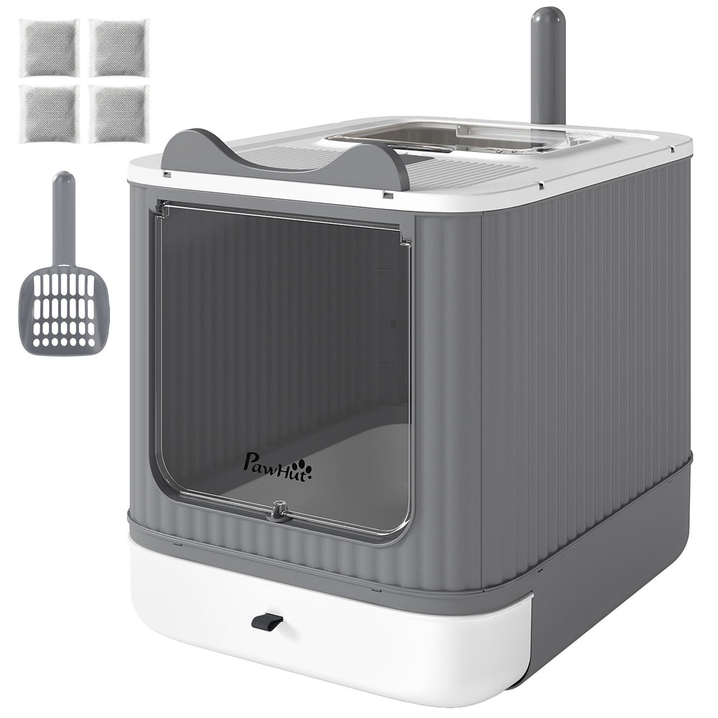 PawHut Cat Litter Box with Lid, Enclosed Litter Box for Medium Cats, Front-Entry and Top-Exit, Scoop, Deodorizer Bag, White