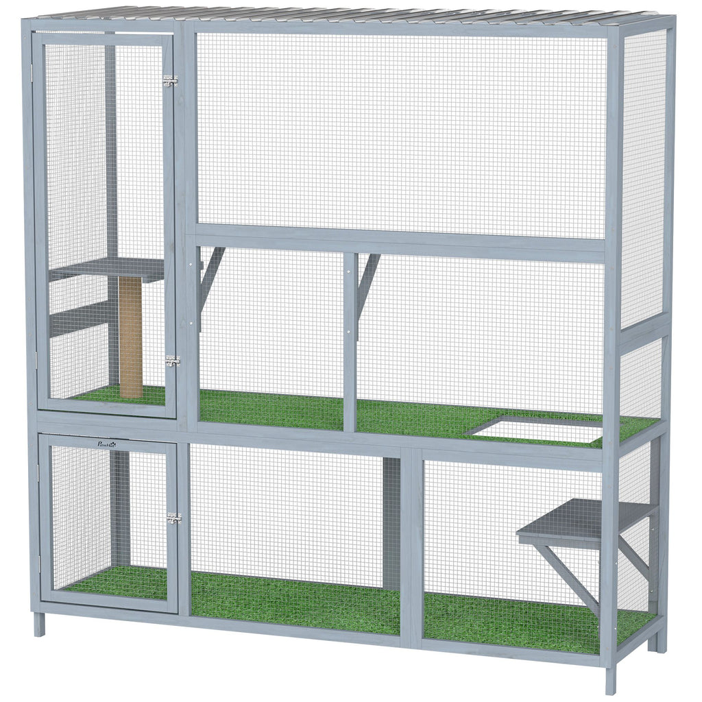 PawHut Catio Outdoor Cat Enclosure, 77" H Wooden Cat House with Weatherproof Roof, Platforms and Scratching Post