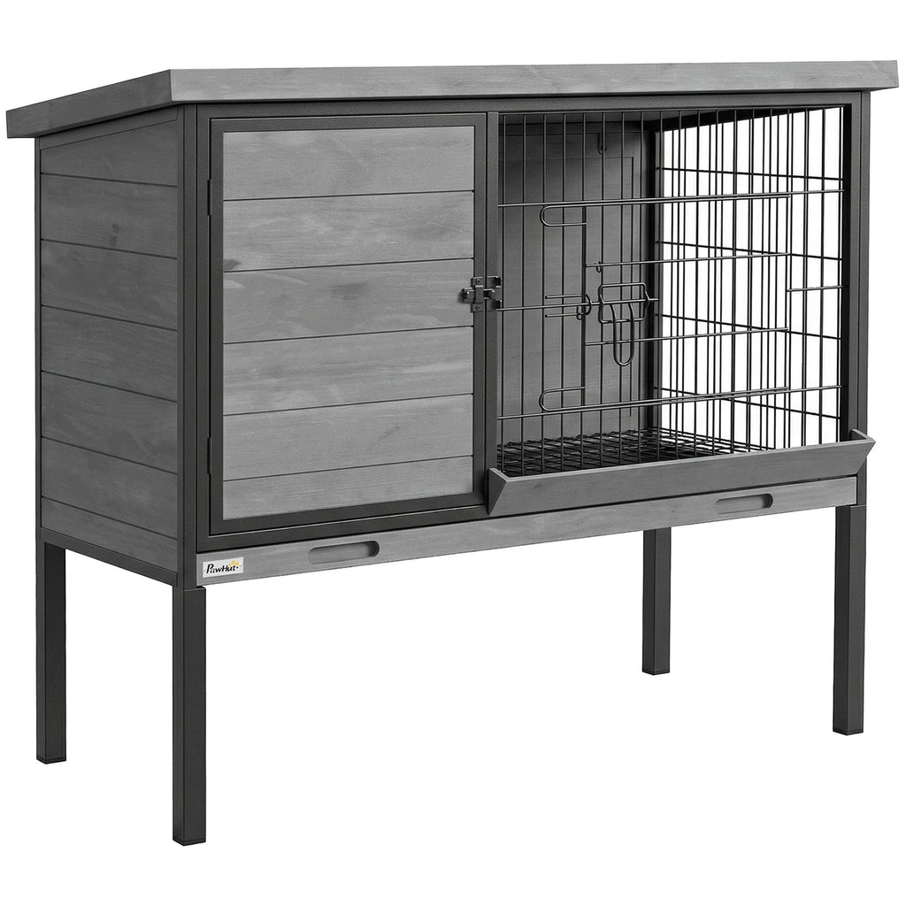PawHut Elevated Rabbit Hutch Outdoor, Wooden Rabbit Cage Bunny House with Pull-out Tray and Openable Plastic Roof