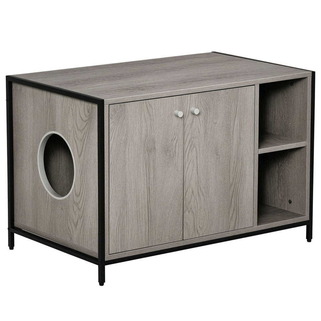 PawHut Large Wooden & Steel Cat Litter Box Enclosure, Kitten Washroom End Table, Indoor Hidden Cat House with Magnetic Doors & Storage Shelves, Gray