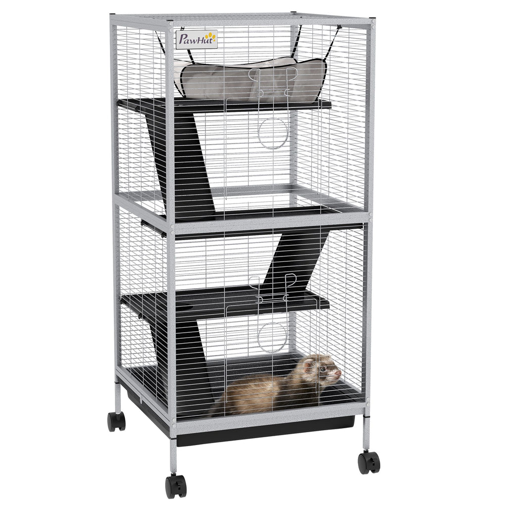 Metal Small Animal Cage Rolling Big Ferret Cage, Chinchilla Cage, Sugar Glider Cage, with Hammock & 4 Tiers, Removable Tray, White