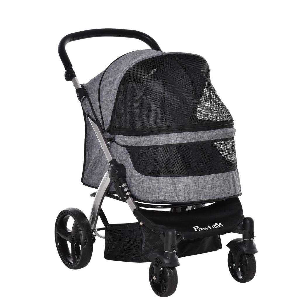 PawHut Pet Stroller Foldable Dog Cat Travel Carriage with Adjustable Handlebar PVC Wheel Brake Storage Bag Mesh Window Safety Leash Aluminum Grey