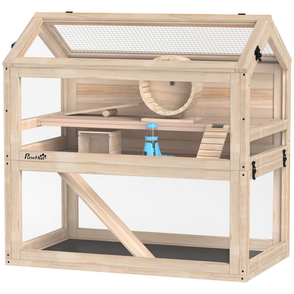 PawHut Wooden Hamster Cage, 3-Tier Small Animal Cage with Hut, Seesaw, Ramps, Exercise Wheel, Acrylic Panel and Bottom Tray