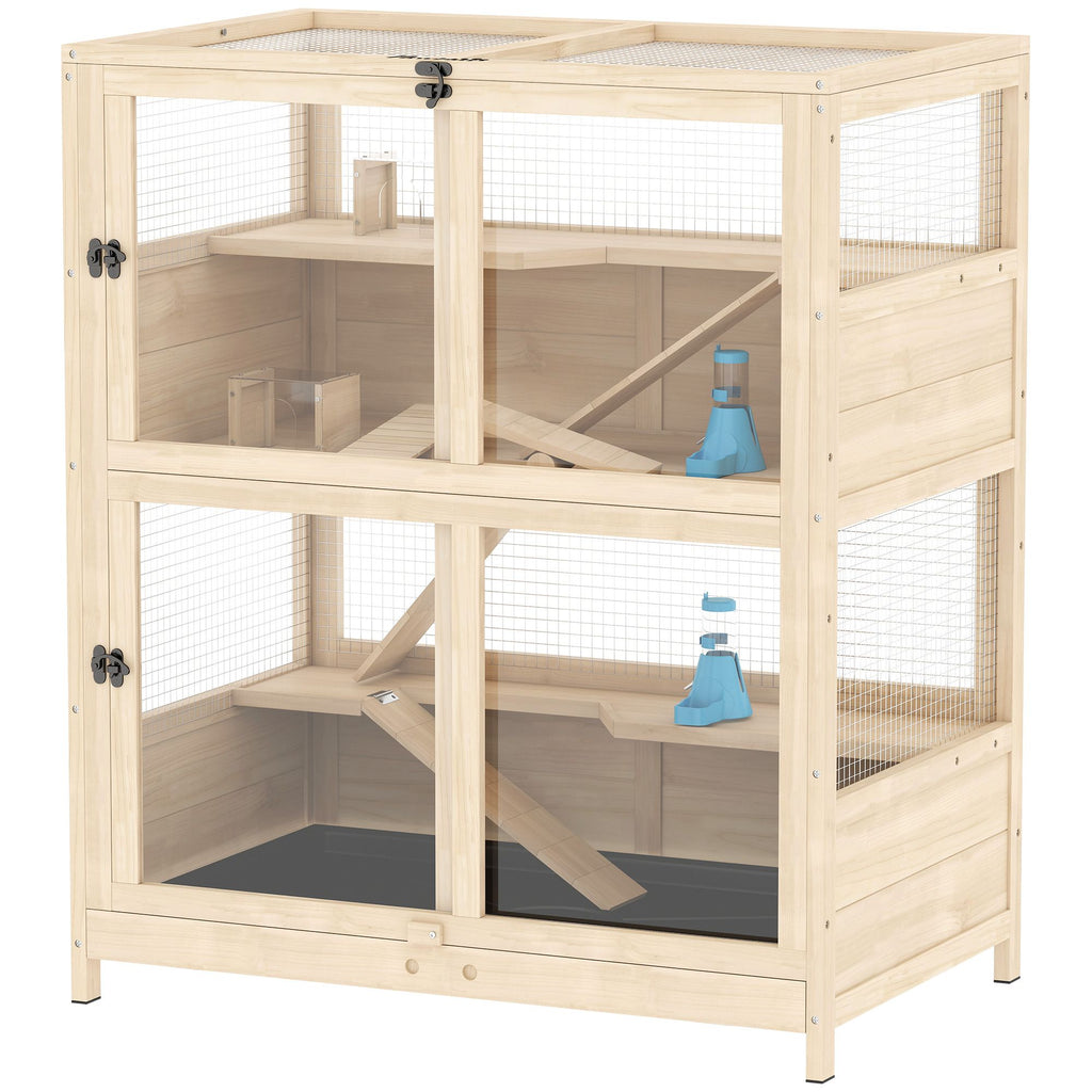 PawHut Wooden Hamster Cage, 4 Tier Small Animal Cage with Mesh Flip Roof, Pull-Out Tray, Huts, Seesaws, Ramps and Water Bottles