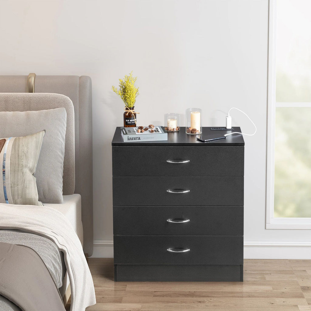 [] PB Wood Simple 4-Drawer Nightstand Dresser with USB Ports & Outlet Black