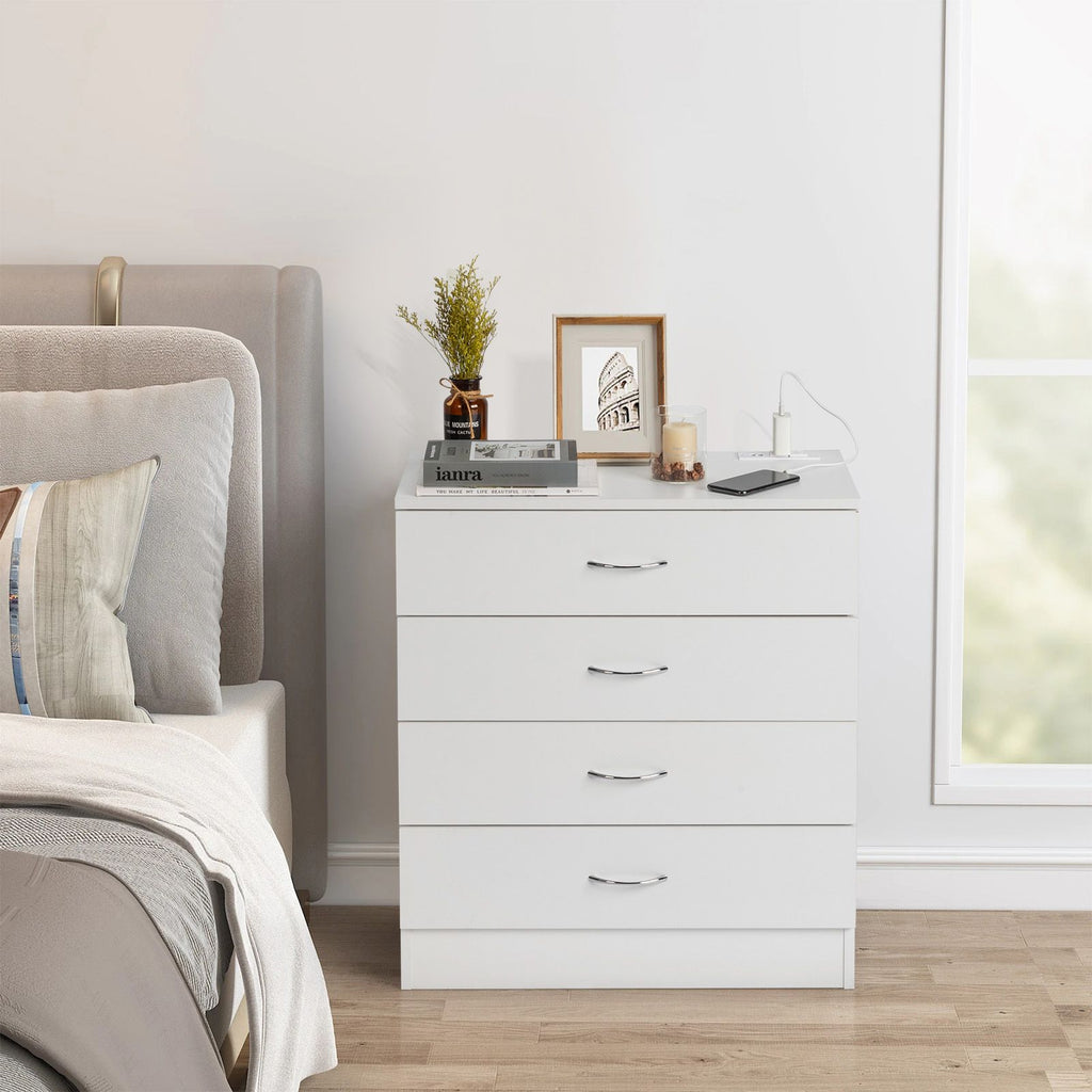 [] PB Wood Simple 4-Drawer Nightstand Dresser with USB Ports & Outlet, White