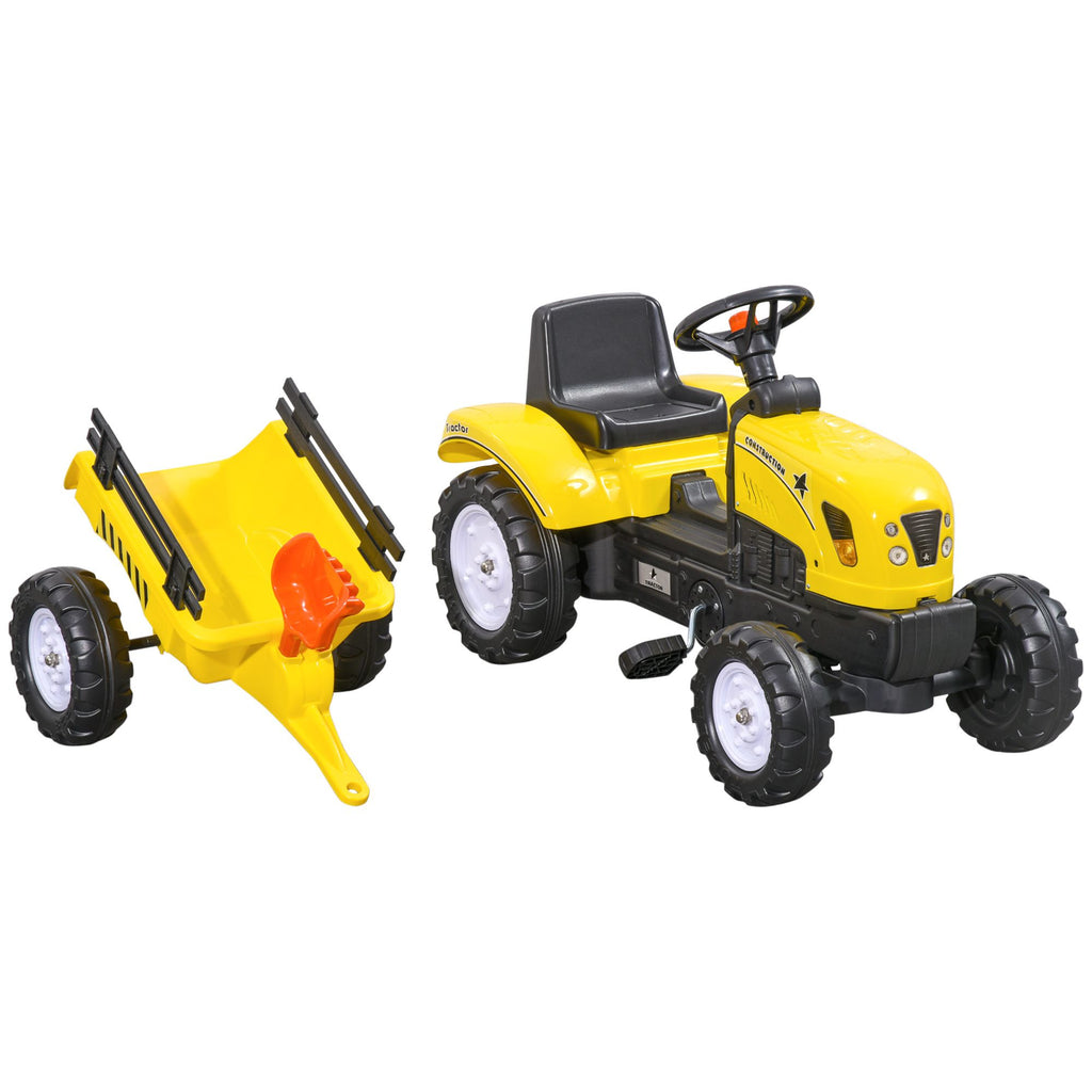 Pedal Go Kart for Kids, Ride-On Tractor with Back Trailer, Shovel & Rake, Fun Yellow, for 3+ Years