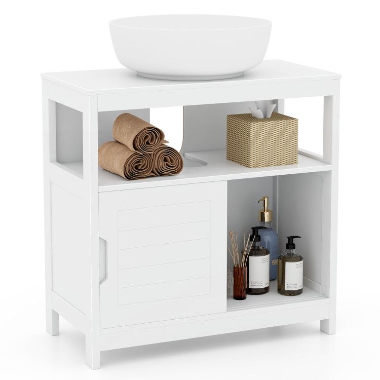 Pedestal Sink Storage Cabinet with 2 Sliding Doors and U-shaped Cut-out