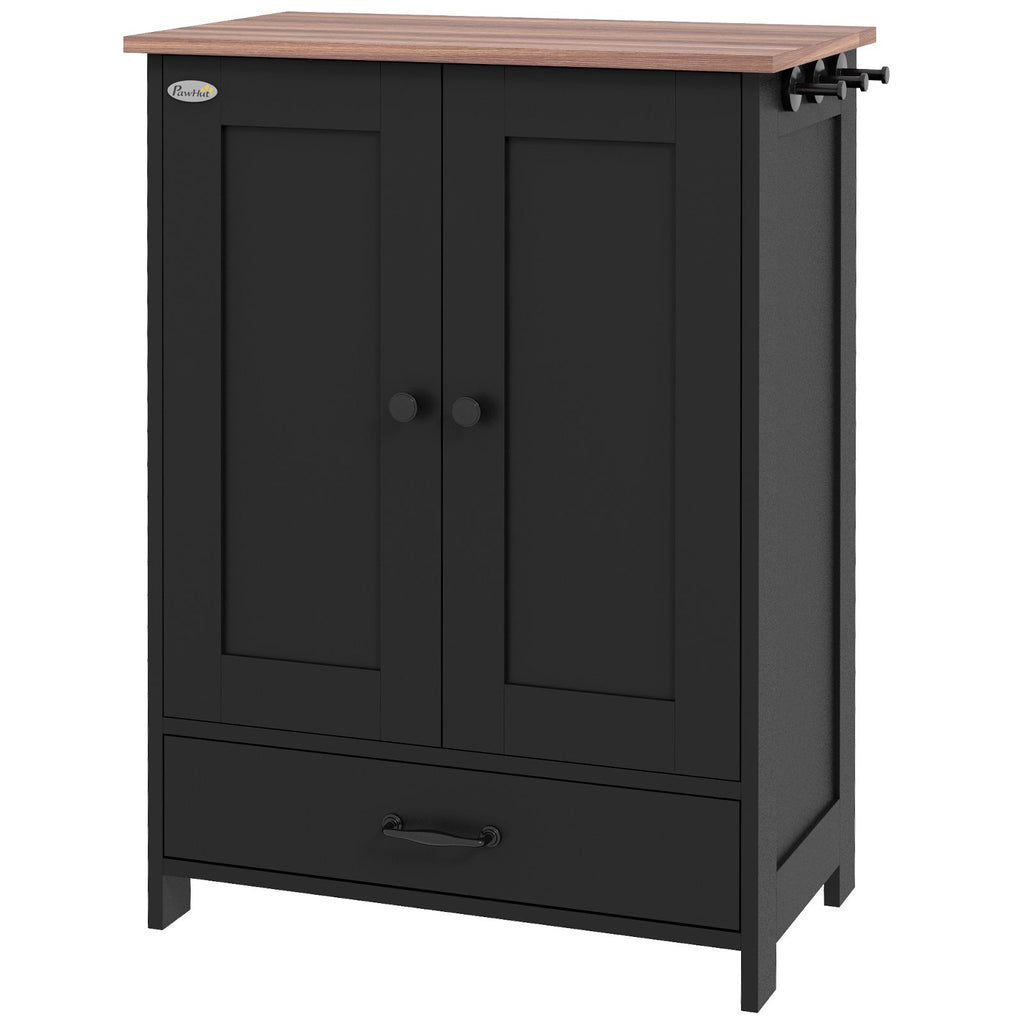 Pet Feeding Station, Dog Food Storage Cabinet w/ Raised Dog Bowls, Adjustable Panel, Hooks for Medium Dogs, Black