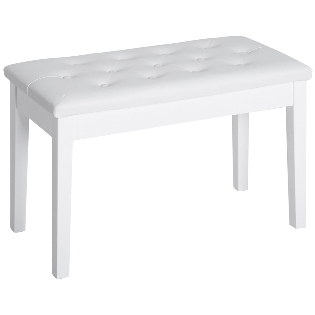 Piano Bench with Storage Wooden Duet Seat White Faux Leather Cushion Button Tufted