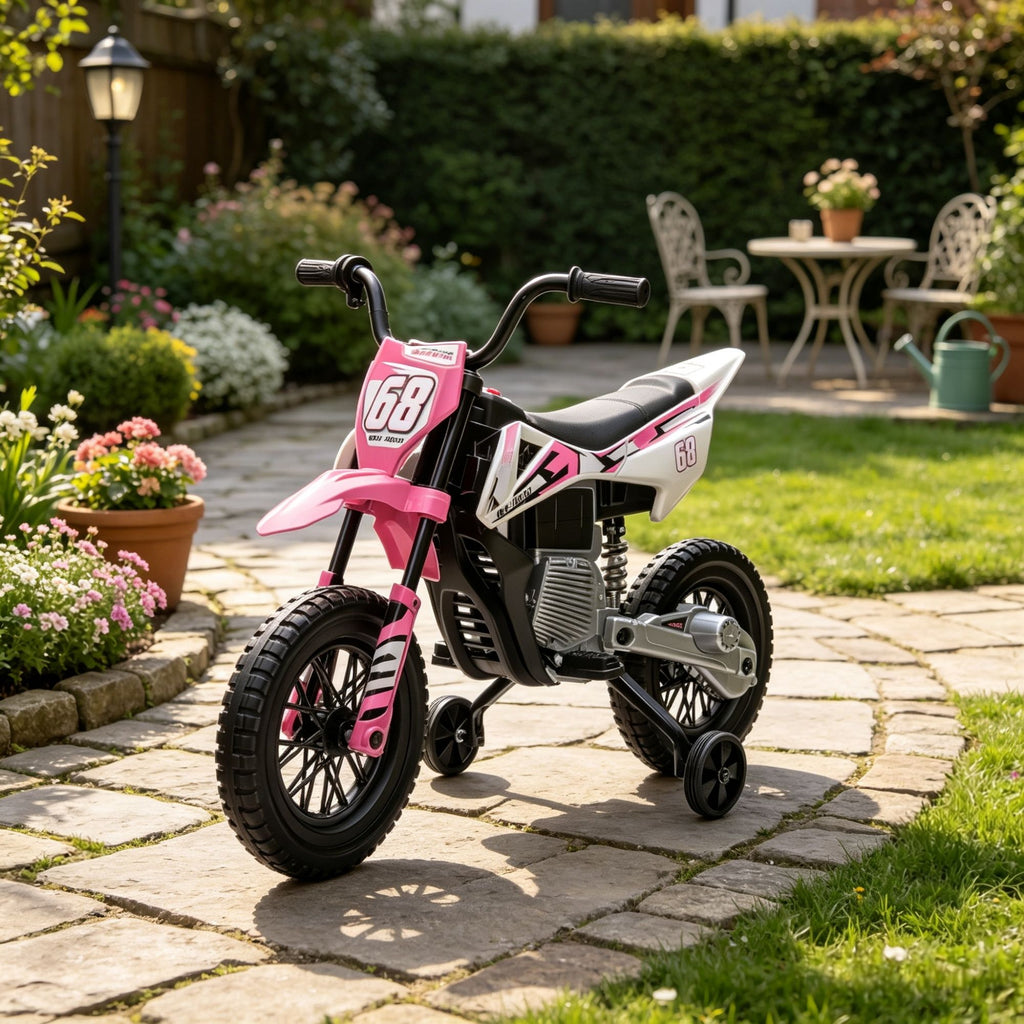 Pink 12V Kids Electric Ride On Motorcycle: with Twist Grip Throttle, Training Wheels, Rear Suspension & Music for Toddlers