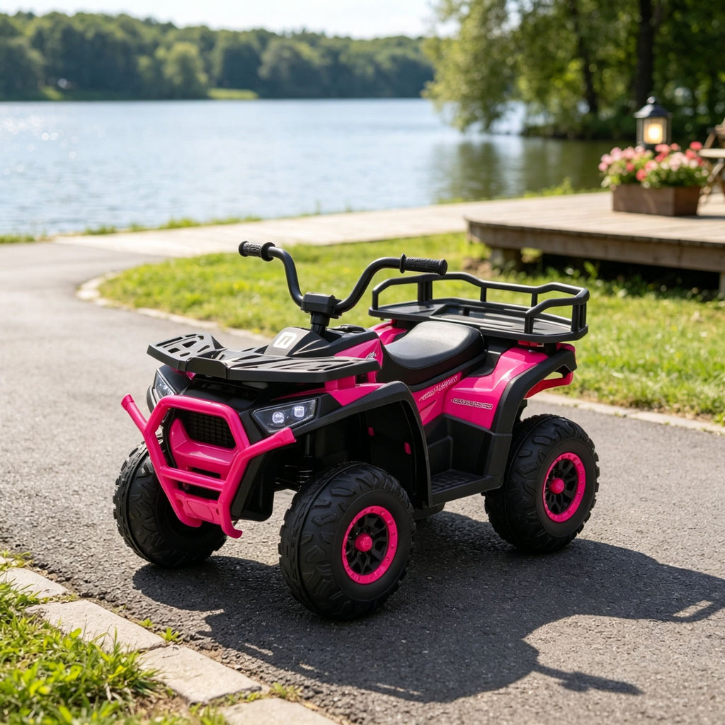 Pink 12V Kids Quad ATV 4 Wheeler with 4 Spring Suspension Wheels, LED Lights, Music USB