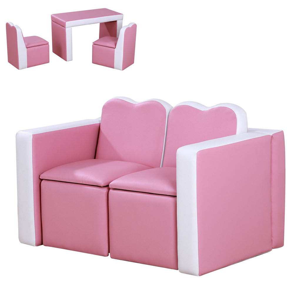 Pink 2-in-1 Kids Sofa Chair Set Multi-Functional Couch with Storage for Children's Bedroom Soft Seating