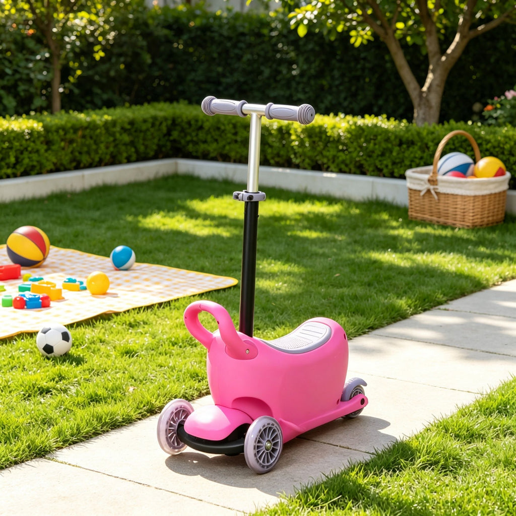 Pink 3-in-1 Ride on Push Car Kids Scooter Sliding Walker with Adjustable Handlebar 3 Balanced Wheels Removable Storage Seat for Ages 2-6