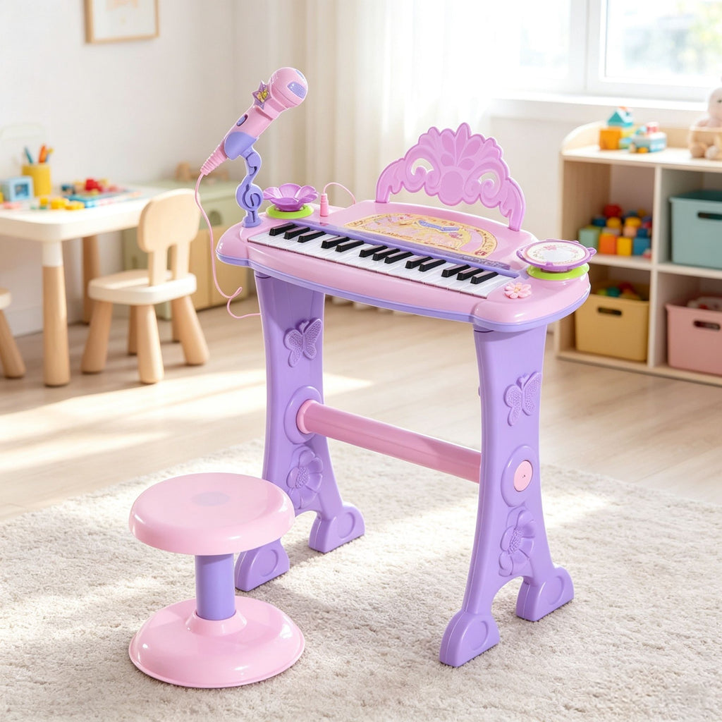 Pink 32-Key Kids Toy Piano: Princess Style with Stool, MP3, Record, Flashing Lights & Microphone