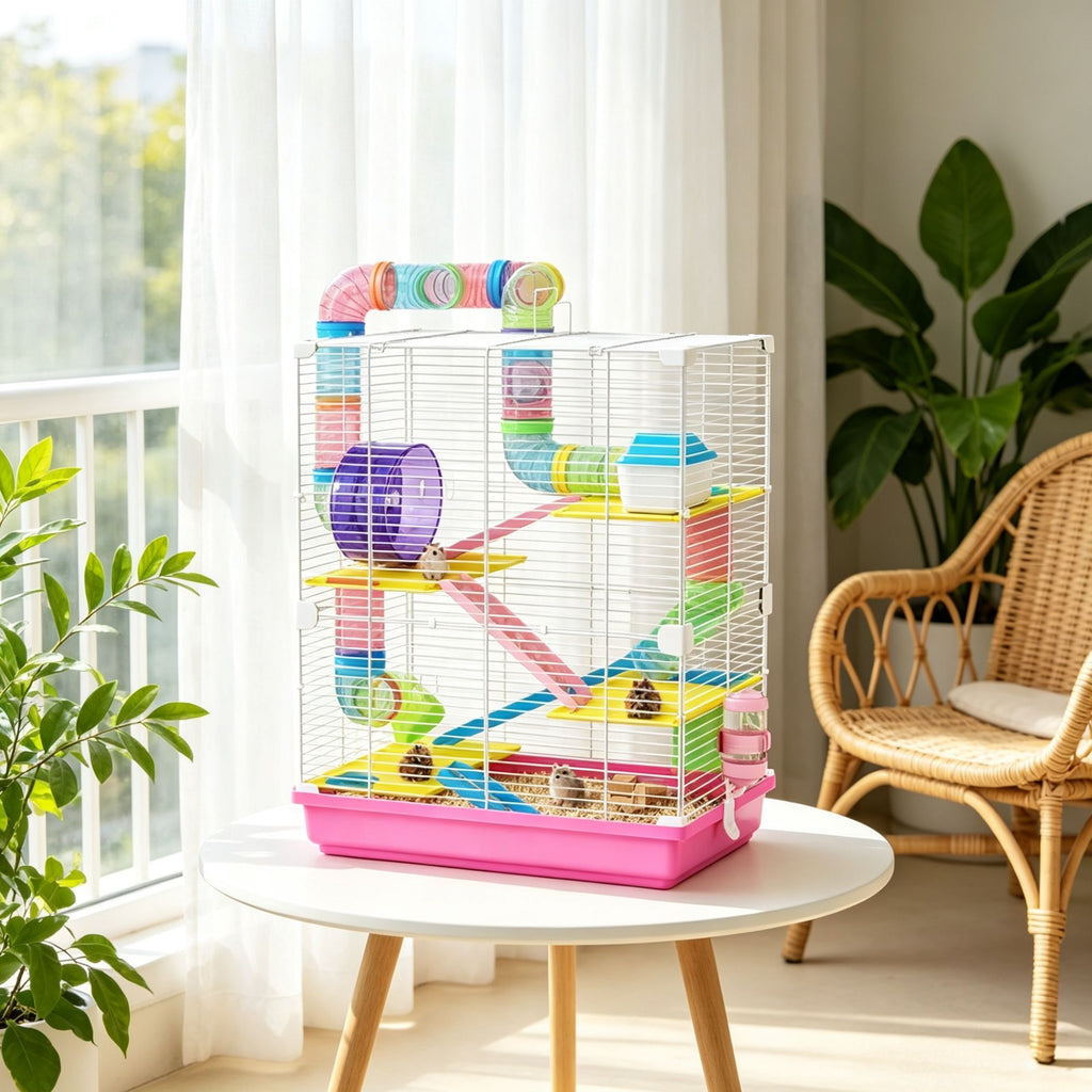 Pink 5-Tier Portable Hamster Cage for Short Trip Outing, Small Animal Travel Carrier with Tunnel Tubes