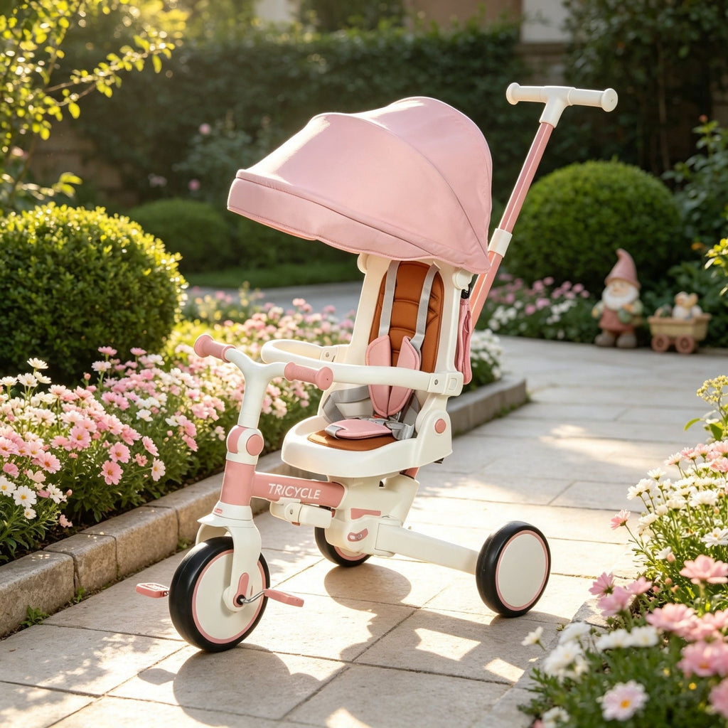 Pink 7-in-1 Toddler Tricycle Stroller for 1-5 Years Old, Adjustable Push Handle, Rotatable Seat, Detachable Canopy