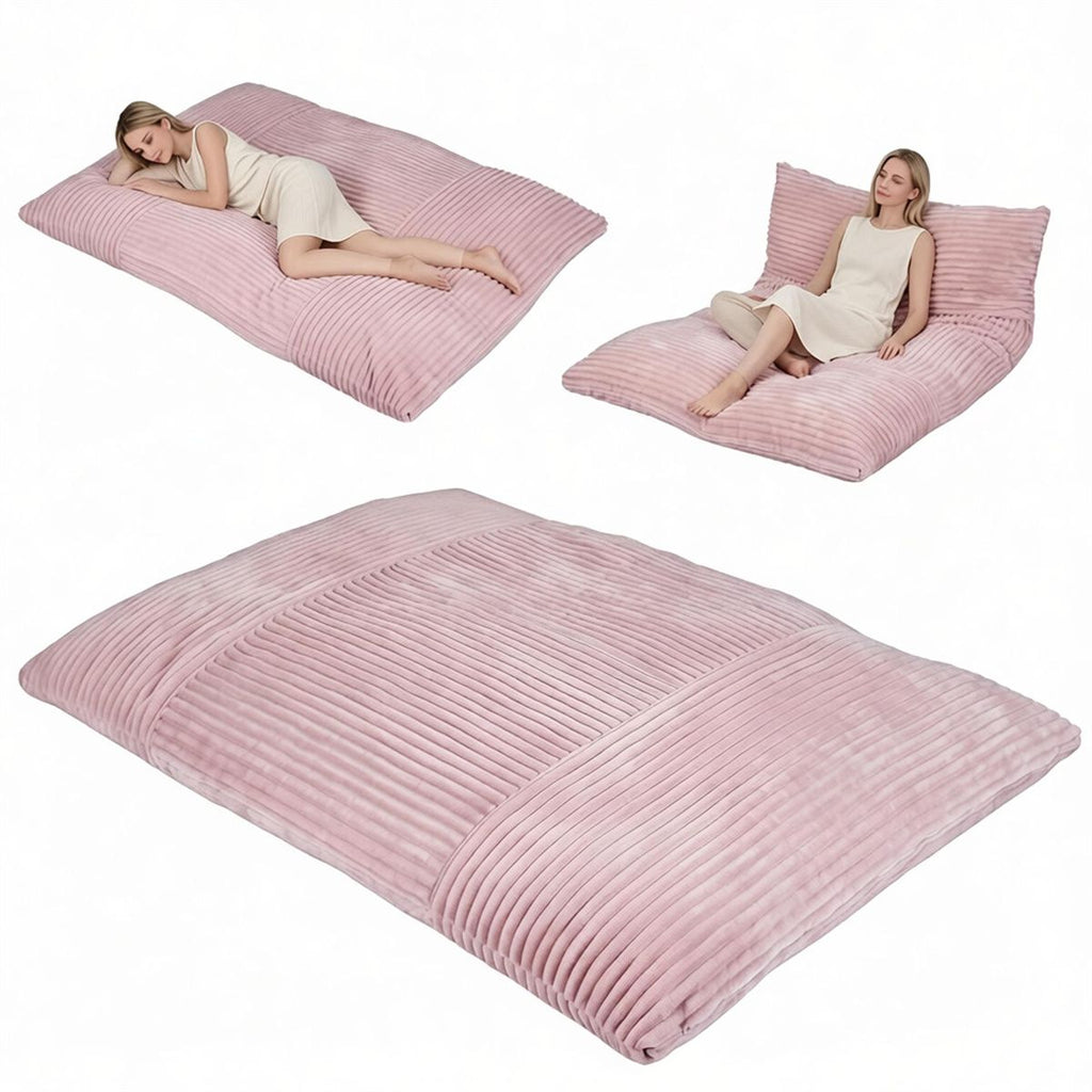 Pink Convertible Corduroy Bean Bag Floor Sofa for Adults, 76.5x55 Inch Sponge Filling Foldable Floor Mattress Guest Bed, Removable Washable CoverLarge Lazy Lounger