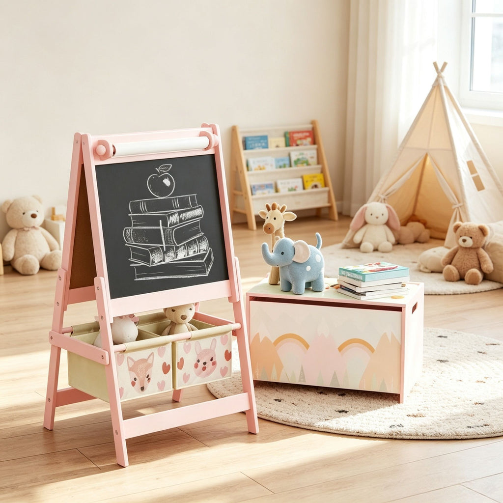 Pink Cute Fox Kids Easel with Paper Roll Toy Box with Lid, Double-Sided Blackboard Whiteboard for 3-8 Years