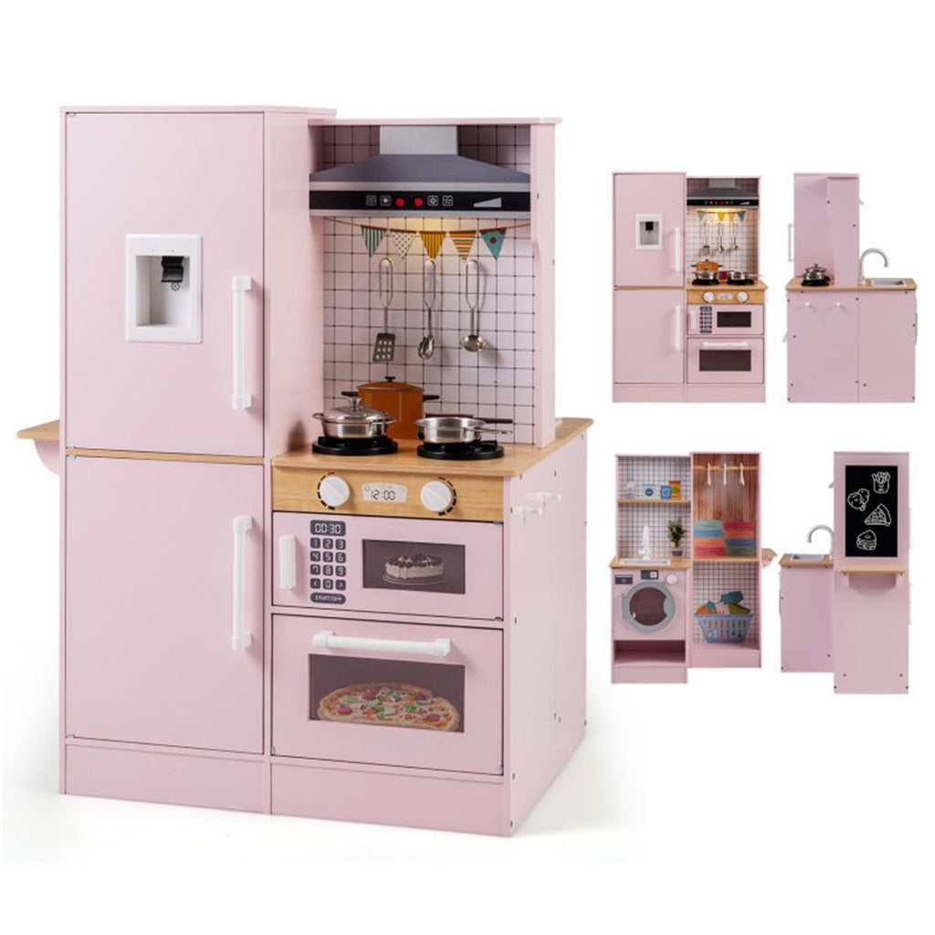 Pink Dual-Sided Kids Play Kitchen with Water Dispenser and Range Hood for 3+ Years Old