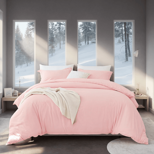 Pink Extra Large Duvet Cover Set 3-piece set with 1 duvet cover & 2 pillowcases. Premium colorfast microfiber offers breathable softness. Combines luxury hotel refinement with minimalist design for ve